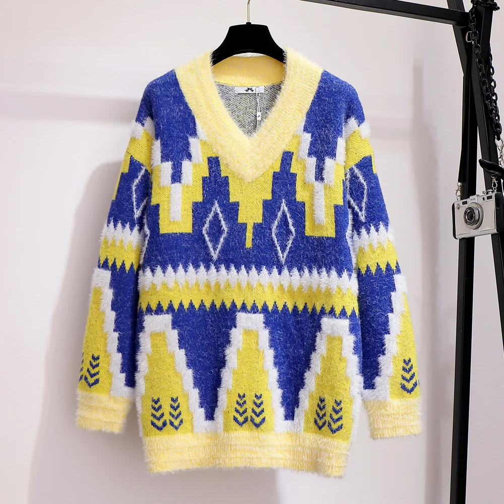 2XL/3XL Женский Зимний пуловер с геометрическим рисунком, Свободный пуловер с v-образным вырезом, свитер из мохера с длинными рукавами, вязаная одежда с v-образным вырезом, Повседневные вязаные топы b703