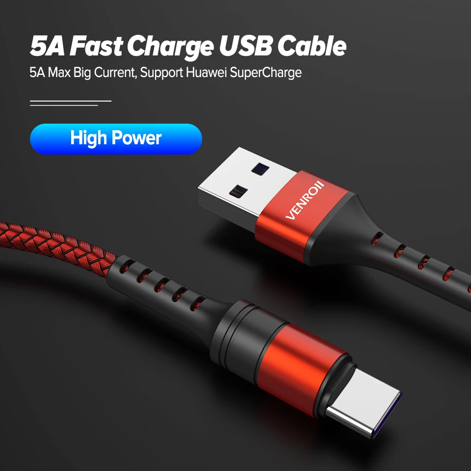 Кабель Venroii 5A USB Type C для Huawei Mate 20 Pro P20 Lite Supercharge USBC кабель быстрой зарядки P30