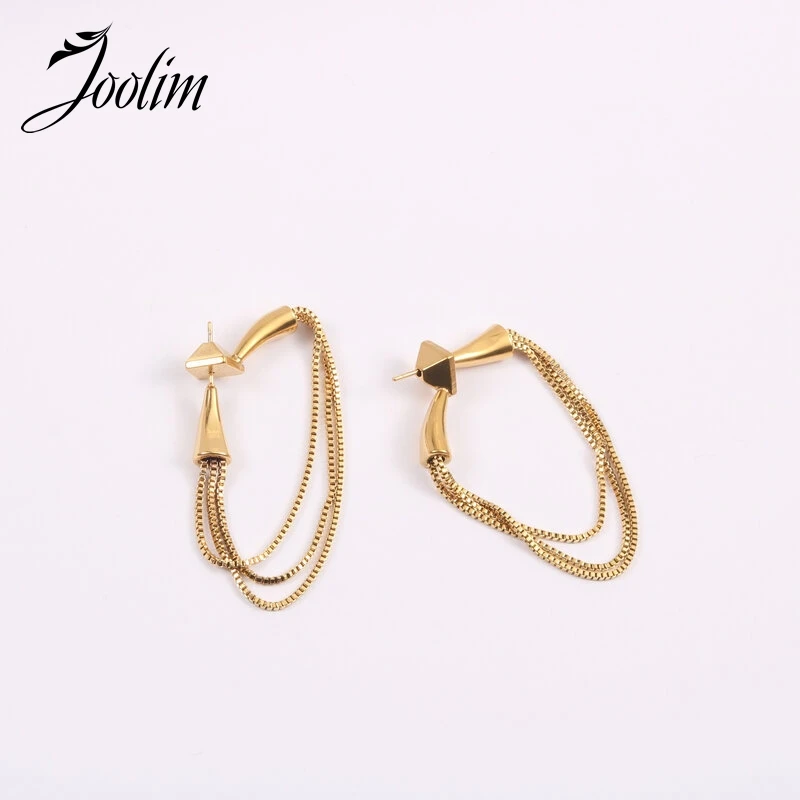

Joolim High End PVD Drop Shipping Supplier Wholesale Non Tarnish Retro Tassels Chain Hoop Stainless Steel Earring for Women
