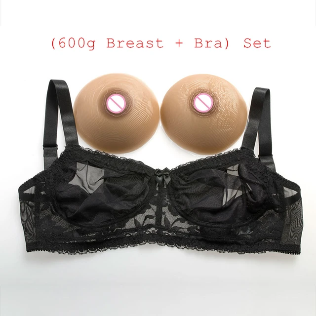 600g/pair Crossdresser Bra Classic Round Boobs Set (Silicone Breast Form  Brown+Sexy Transparent Lace