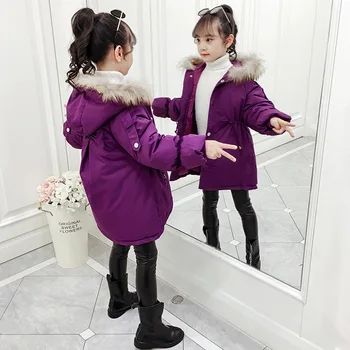 

new fashion winter 2020 solid big fur collar hooded girls cotton coat toddler thick outerwear infant teens cotton-padded jacket