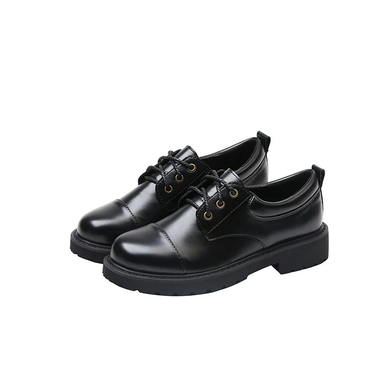

Small Leather Shoes Women's 2019 New Style Autumn And Winter Big Head round-Toe Chunky Heel Thick Bottomed Lace-up England Colle