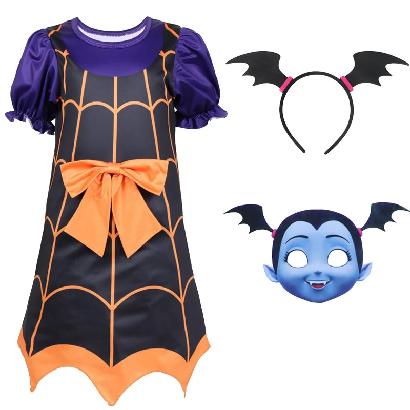 Vampirina/платье для девочек на Хэллоуин; Детский костюм вампира и маска-повязка; Детские вечерние карнавальные костюмы с короткими рукавами на день рождения