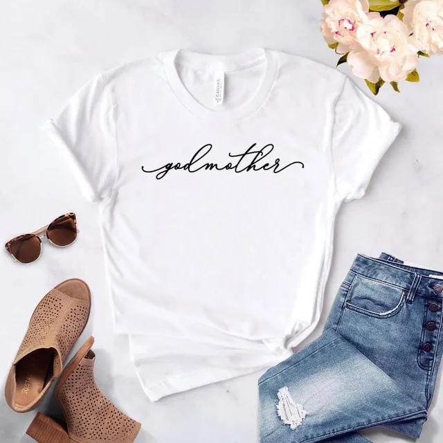 Women T Shirt Godmother Letters Print Tshirt Women Short Sleeve O Neck Loose T-shirt Ladies Causal Tee Shirt Clothes Tops white