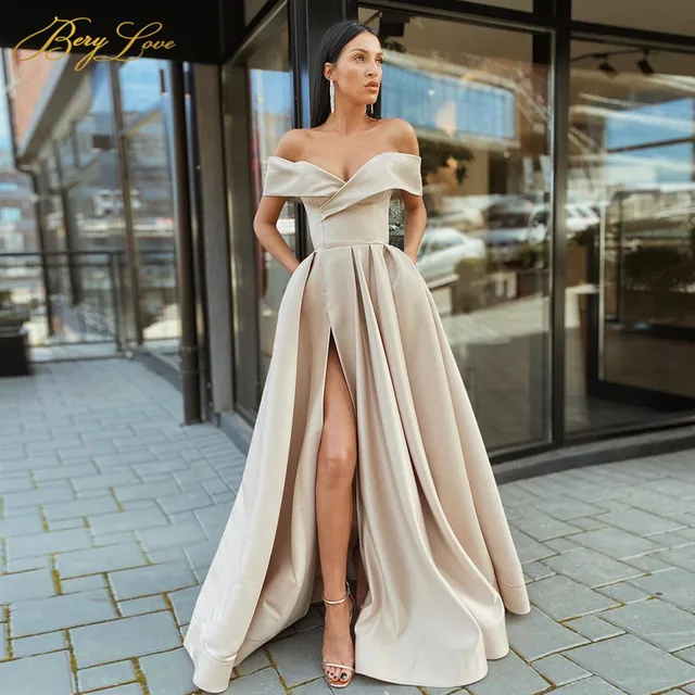 Off Shoulder Satin Evening Dresses Long Sexy High Slit Evening Gown Elegant High Waist Prom Dress Robe De Soiree Khaki