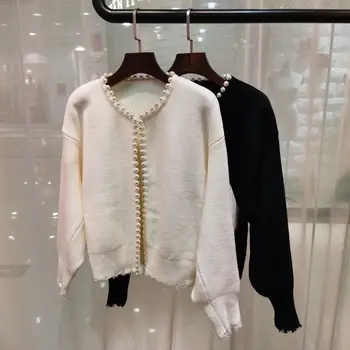 

2020 Autumn Runway Designer Cardigans Women Hot Sale Pearl Long Sleeve Sweater Wool Popular Cardigan