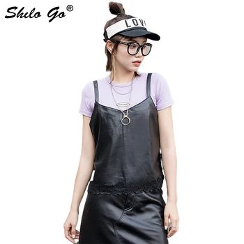 

Genuine Leather Blouse Black Sexy Lace Hem Strap Sleeveless Tops Women Autumn Casual Backless Solid Highstreet Short Blouses