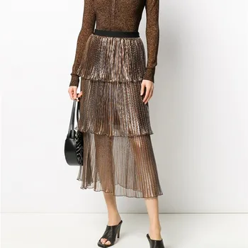

Elastic High Waist Women Midi Skirt Metallic Luster Pleated Layered Ruffles Female Long Skirts