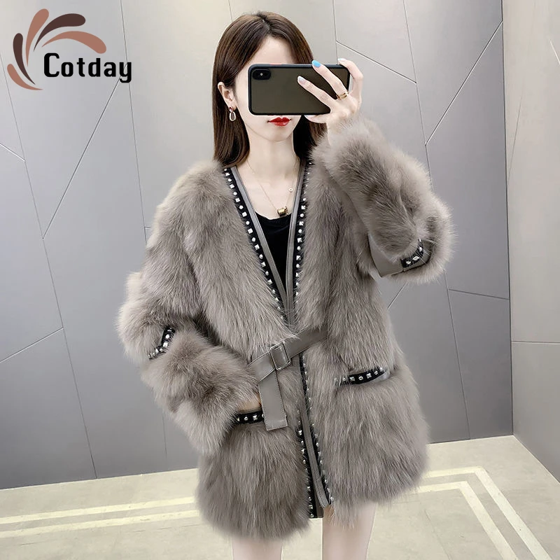 

Cotday Office Lady Fox Fur Grass Coat 2021 Fashion Women's Middle Long Style Autumn Winter New Rivet Lace Up Fur Thickened Coat