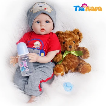 

55cm Reborn Baby Doll Boy Newborn Toy Gift Silicone Vinyl Red Outfit with Toy Bear