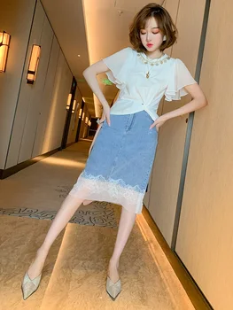

Trendy round Neck Flounced Sleeves Twisted Hem Shirt + Denim Stitching Lace Skirt Suit, Female Fashion Summer New Style