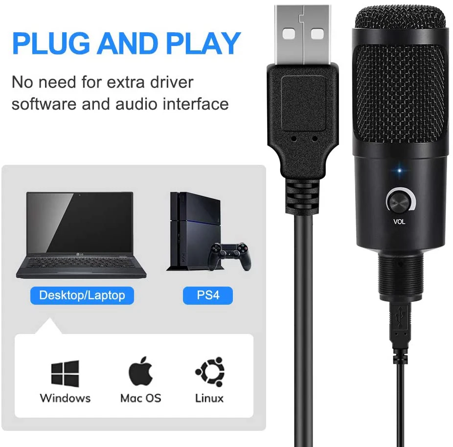 USB Computer Condenser Microphone Kit With Adjustable Scissor Arm Stand for PC YouTube Video Gaming Streams Studio studio microphone