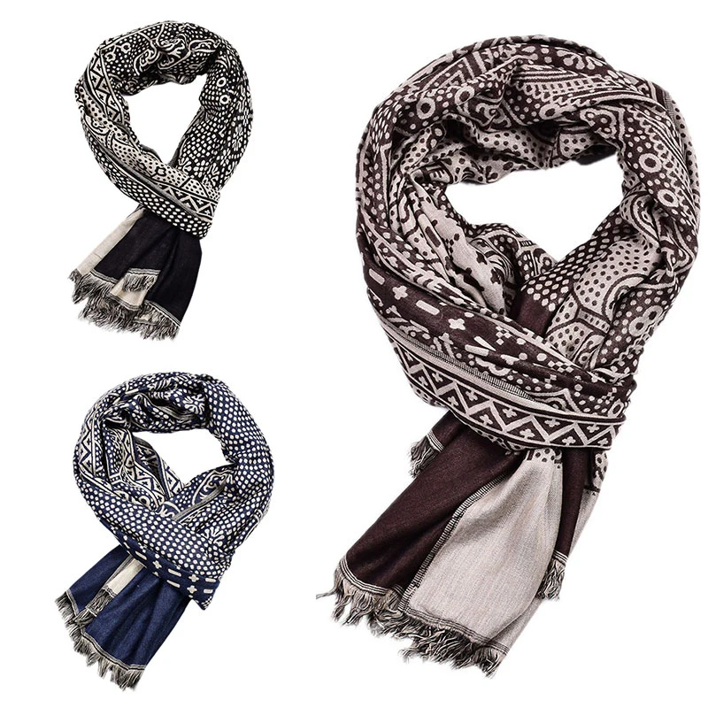 

Winter Scarf Men Ethnic Style Male Scarves Navy Cotton Linen Knitted Tassel Men Scarf 195cm*65cm
