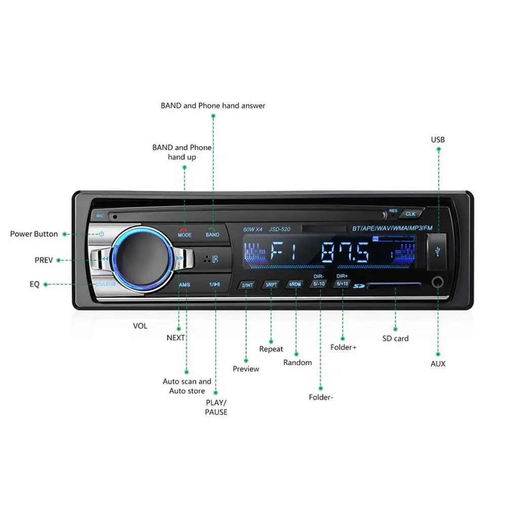 1 DIN Car MP3 Player FM Radio Audio Stereo In Dash Aux Input Receiver USB/TF Port with Remote Control 4X60W