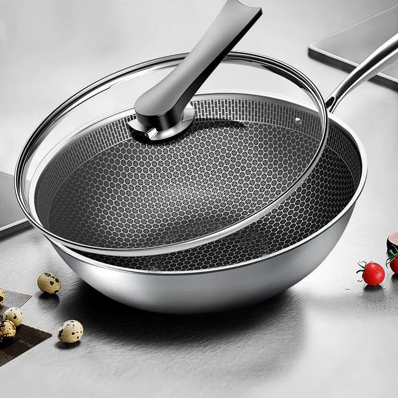 

410 Stainless Steel Non-Stick frying pan Full screen cellular wok pan with galss cover Universal Kitchen Cooking Pan