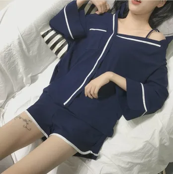 

Korean Loose Womens Sleeping Pajama Set Short Sleeve Women Lingeries Solid Pijama Feminino Night Suit