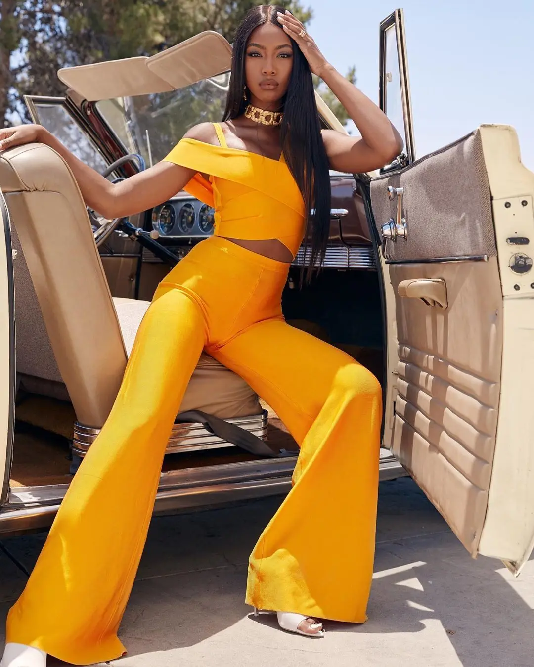 

High Quality 2019 New orange two Piece strapless off shoulder Celebrity evening party Rompers Bandage bodycon Jumpsuits