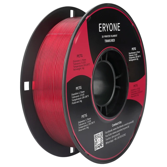 ERYONE PETG Filament 1kg 1.75mm ±0.03mm For 3D Printer,1KG (2.2LBS) 3D Printing Fast Shipping PETG Clear Red