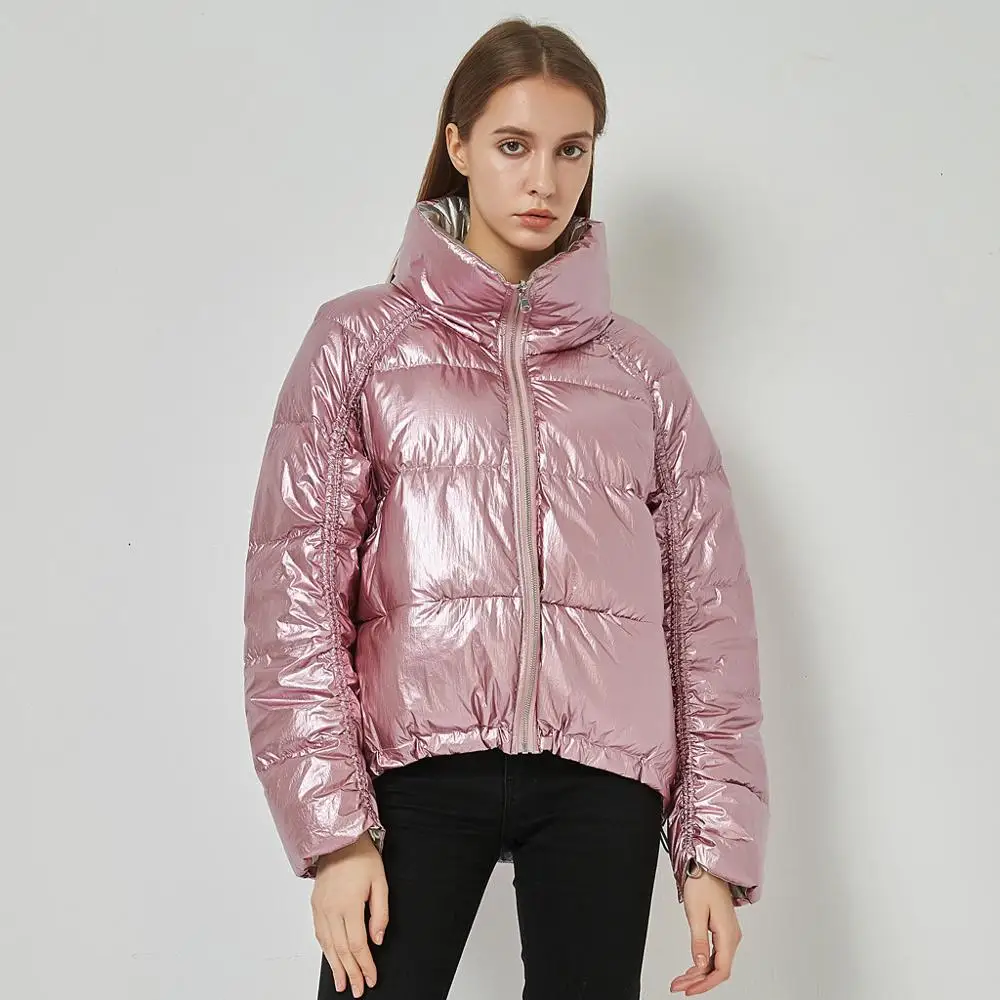 

2019 Trendy Glossy Down Parka Jacket Street Hipsters Autumn Winter Women Long Sleeve Stand Collar Leisure Thick Warm Cotton Coat