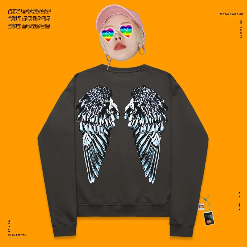 

Autumn sweatershirt hip-hop personality unisex handsome black wings print fabric lazy style sisters sweatershirts