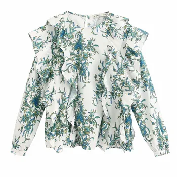 

Chic ZA Flower Print Summer Shirt Women 2020 Ruffle Long Sleeve O-neck Tops Opening Female Elegant Loose Blouse Blusas Mujer