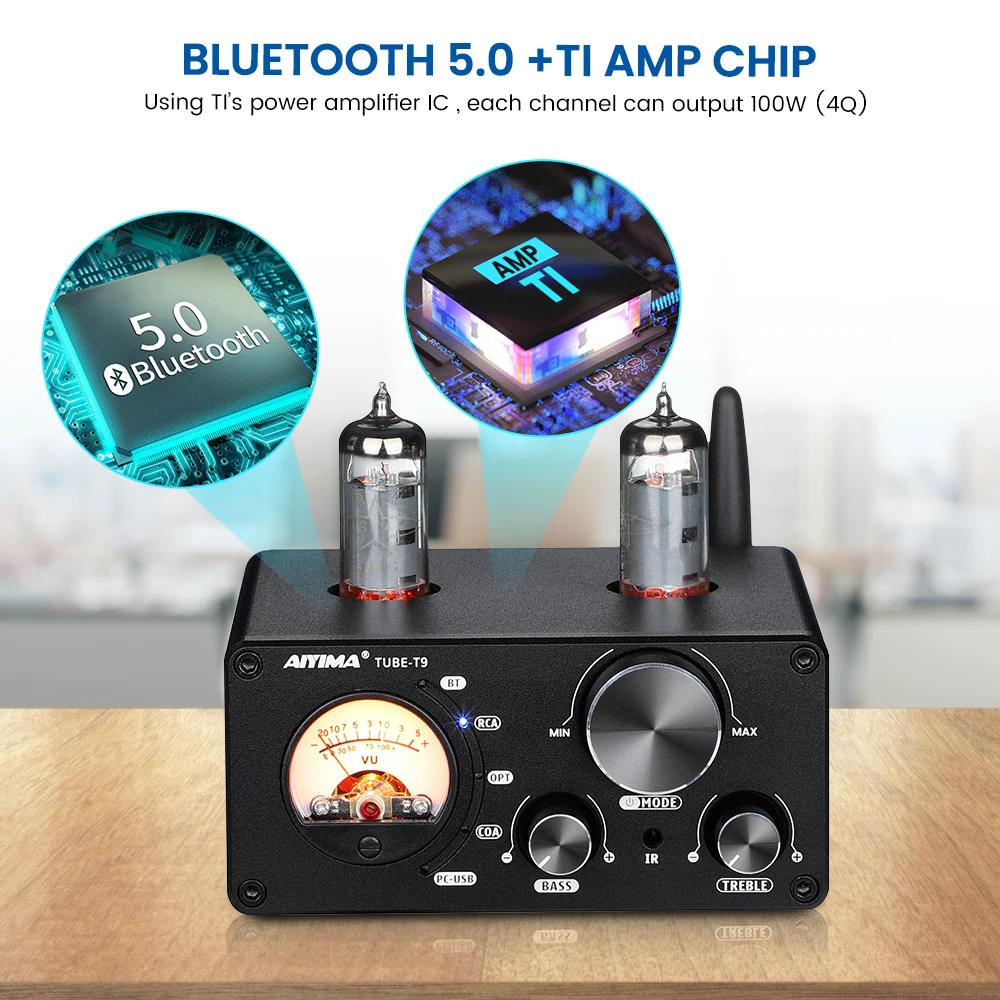 AIYIMA Audio T9 Bluetooth 5.0 Vacuum Tube Amplifier USB DAC Stereo Receiver COAX/OPT HiFi Home Audio Digital Amp w/VU Meter 100W 3