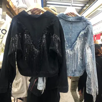 

Jean Jacket Woman Fringed Sequined Denim Jacket 2020 Spring New Retro BF Loose Short Jeans Jacket Top Chaqueta Chaquetas Jackets