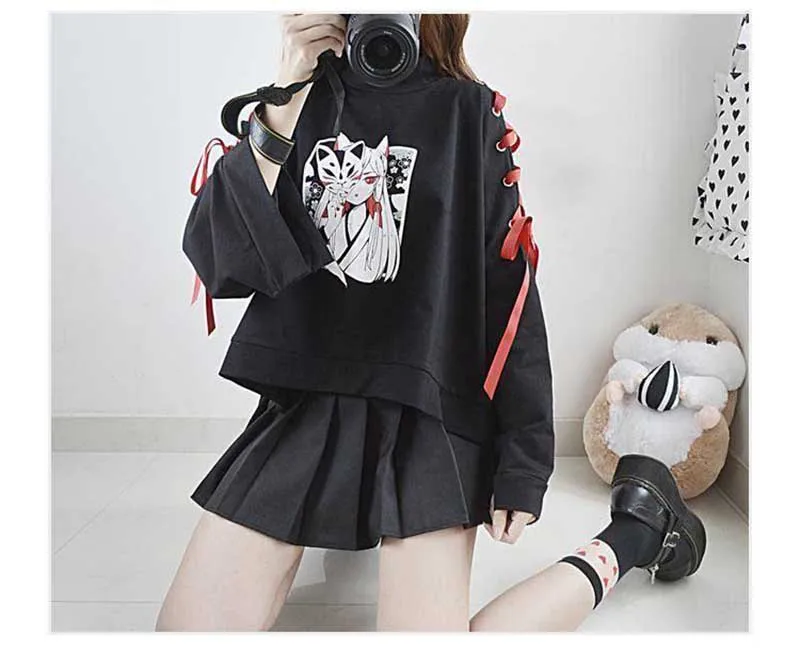 NiceMix/винтажная толстовка с капюшоном в стиле японской Лолиты в стиле Харадзюку, с принтом лисы, на шнуровке, с длинными рукавами, рубашки топы в стиле панк для темных девушек