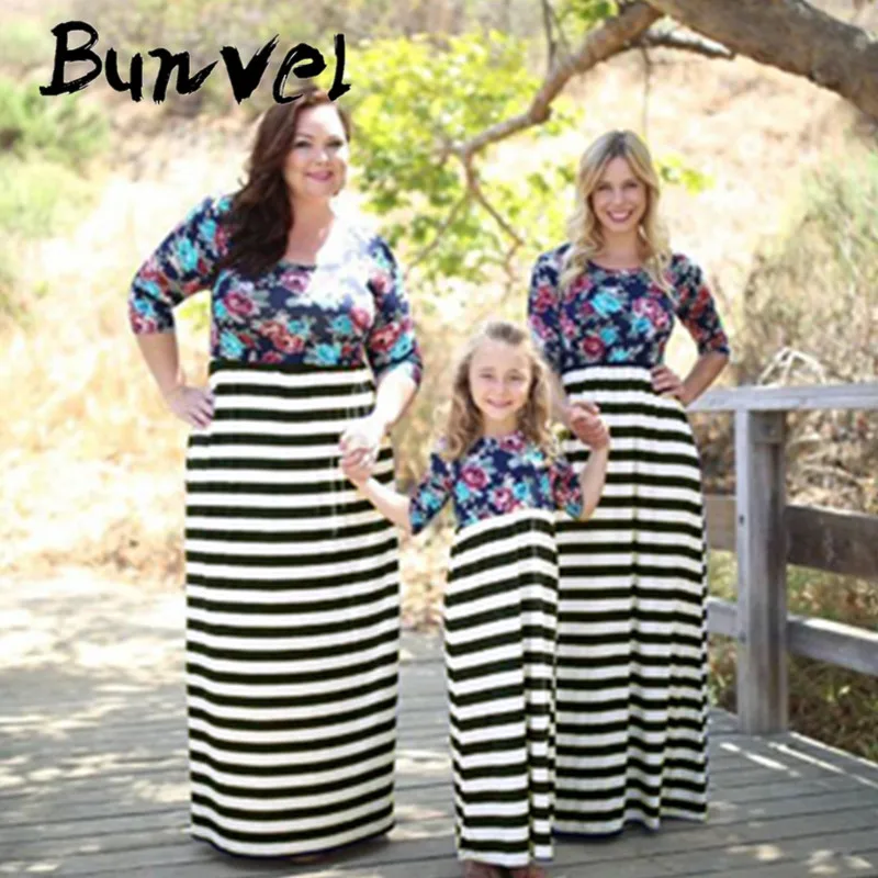 Bunvel размера плюс 4XL Одежда для мамы и я платья богемные Цветочные полосатые