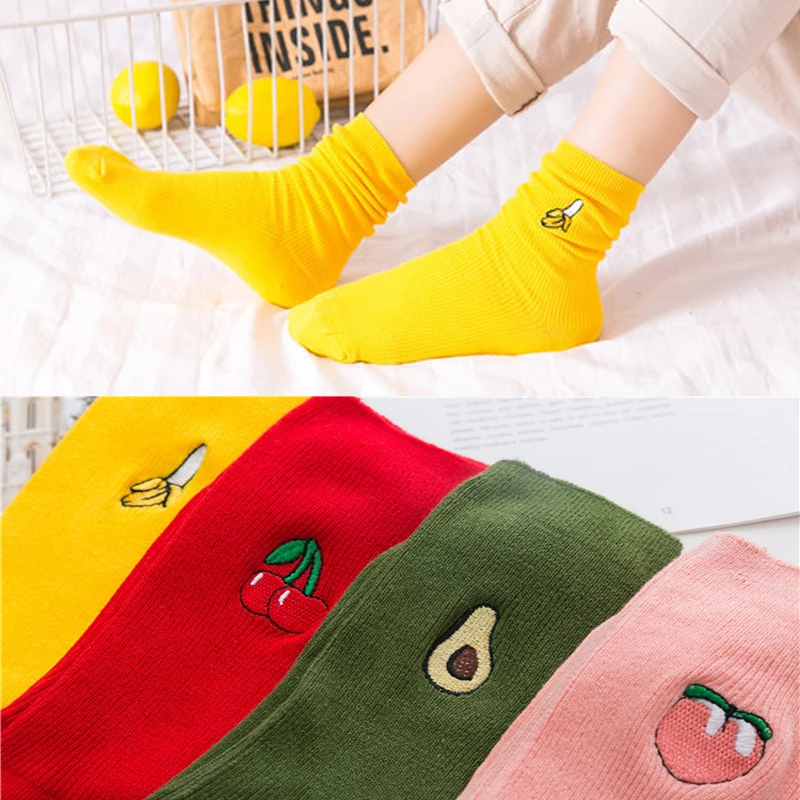

1/2pairs Fruit Embroidery Lovely Cute Socks Women's Socks Long Crew Pile Sock Meias Colorful Women Girls Funny Socks Art