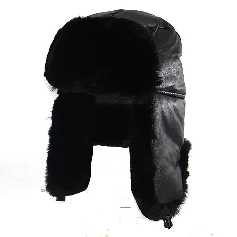 Россия, Канада, теплые зимние шапки, кожаная ветрозащитная шапка-бомбер с толстыми меховыми ушками, защищенная от холода, лыжная шапка для взрослых, унисекс - Color: Black