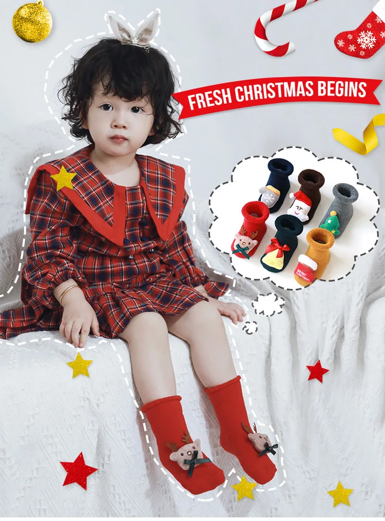 Cotton Winter Baby Girls Boys Socks Children Cartoon Elk Santa Claus Socks Christmas Silicone Anti-Slip Floor Socks for 0-3 Year