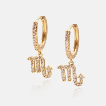 

2020 New 12 Zodiac Hoop Earrings for Women Paved Zircon Gold Plated Copper Cute Horoscope Drop Earring Gifts Fashion Jewelry