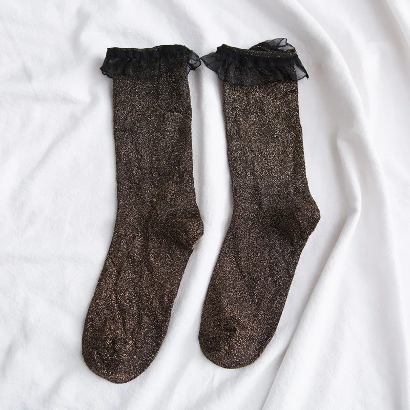 10Pairs Japanese autumn women's socks Ms lace solid color bright silk in tube socks preppy fashion silver onions socks woman - Цвет: 5