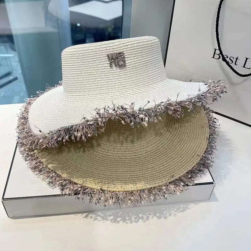

2022 New Fashion Elegant Jazz Hats For Women White Black Sun Hat Summer Beach Cap Letter Wide Brim Luxury Paper Straw Lolita Hat