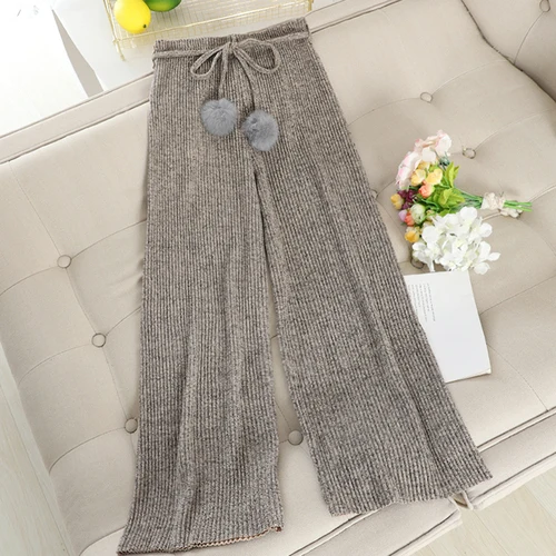 light khaki Neploe шерстяные Широкие штаны Осенние новые тянущиеся длинные брюки с высокой талией с меховым помпоном и поясом на шнуровке повседневные женские штаны 55729 - Цвет: light khaki