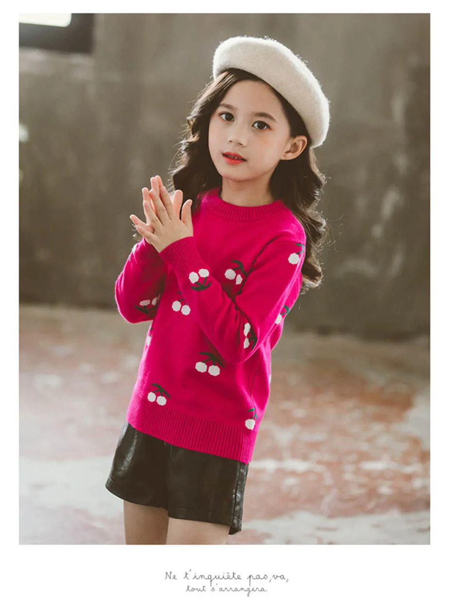 Girls Sweaters Cherry Floral Girl Sweater O-Neck Knitted Children's Jumpers Autumn Preppy Style Child Clothing For Girls School