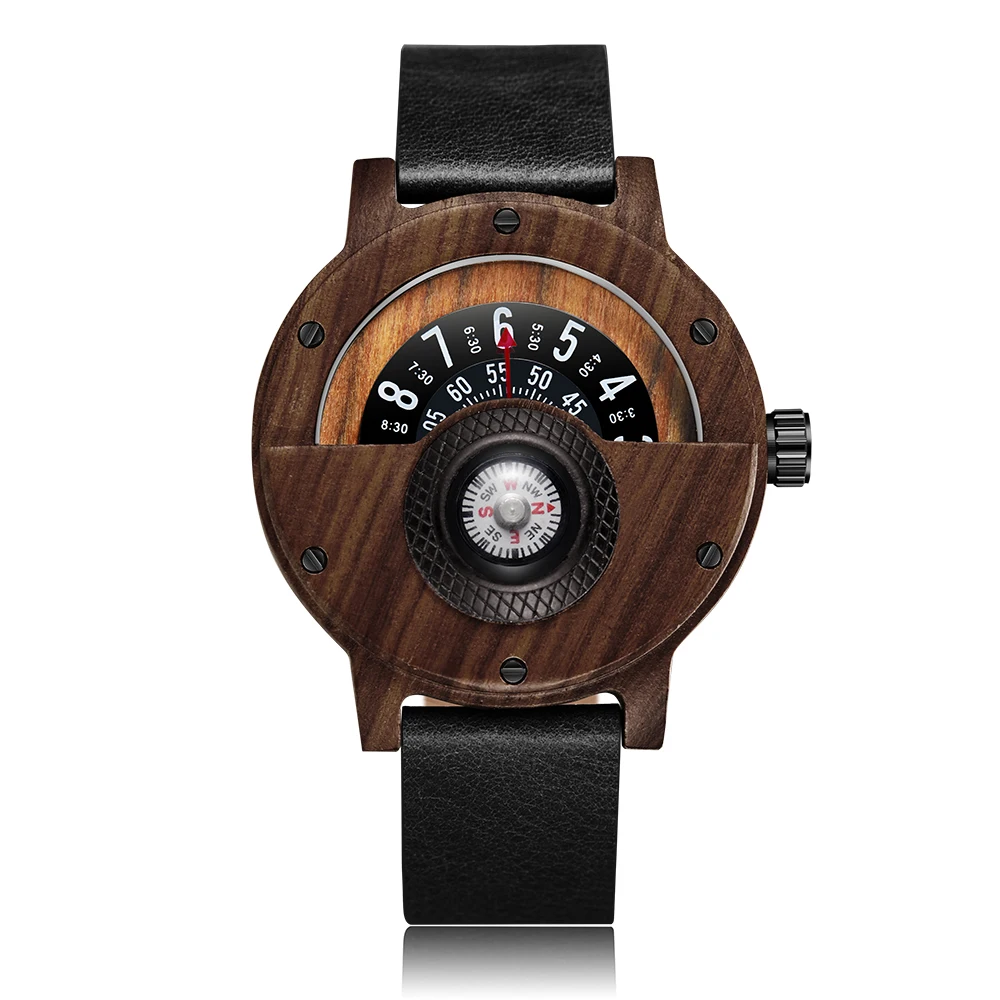 Creative Wood Watch Unique Compass Turntable Wood Watches Men's Semicircle Dial Clock Quartz Clock Retro Hour Relogio Masculino 