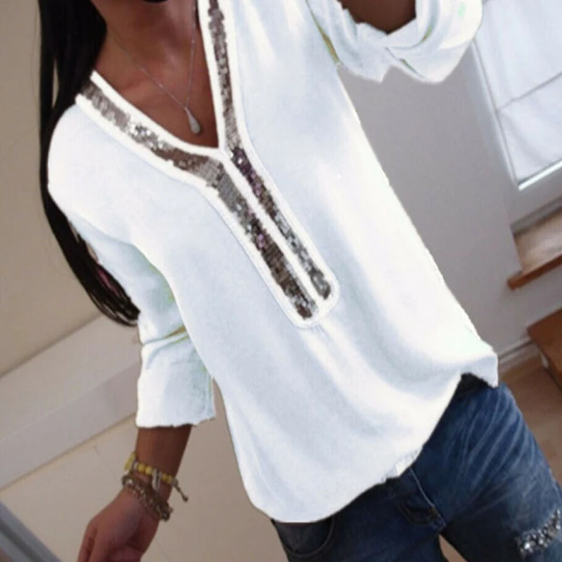 Fashion Women Ladies Long Sleeve Loose Blouse Summer V-Neck Casual Shirts Tops Clothing Sequined Solid Casual Soft Clothes