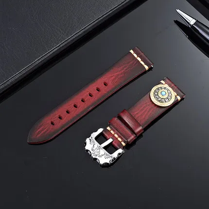 Ремешок из натуральной кожи для galaxy watch 42 мм 46 мм декомпрессия китайский ремешок для часов зодиака для huawei GT 2P 22 мм Amazfit Bip 20 мм - Цвет ремешка: Red Brown