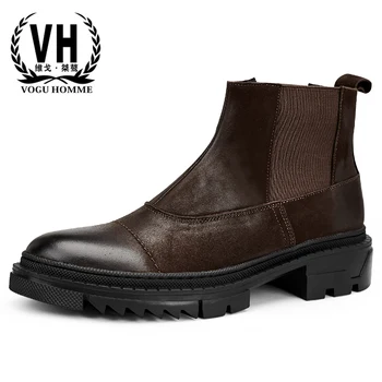 

High Quality Genuine Leather Chelsea Boots Mens autumn winter high top cowboy boots mens British retro men shoes cowhide zipper