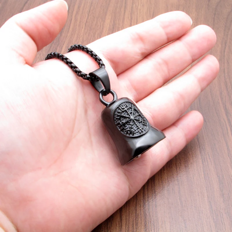 Punk Stainless Steel Black Plated "Helm Of Awe" And "Viking Vegvisir" Viking Rune Compass Bell Pendant 3