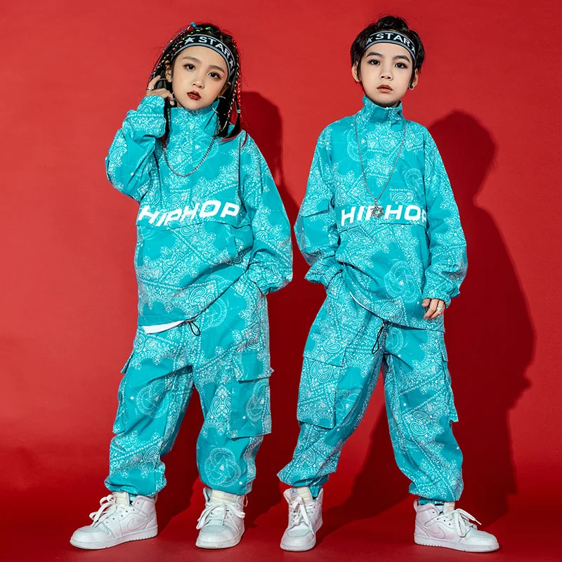 Boys Street Dance Costume Loose Blue Sweater Pants Tide Printing Hip-Hop Outfit Performance Girls Clothes Rave Wear BL7234