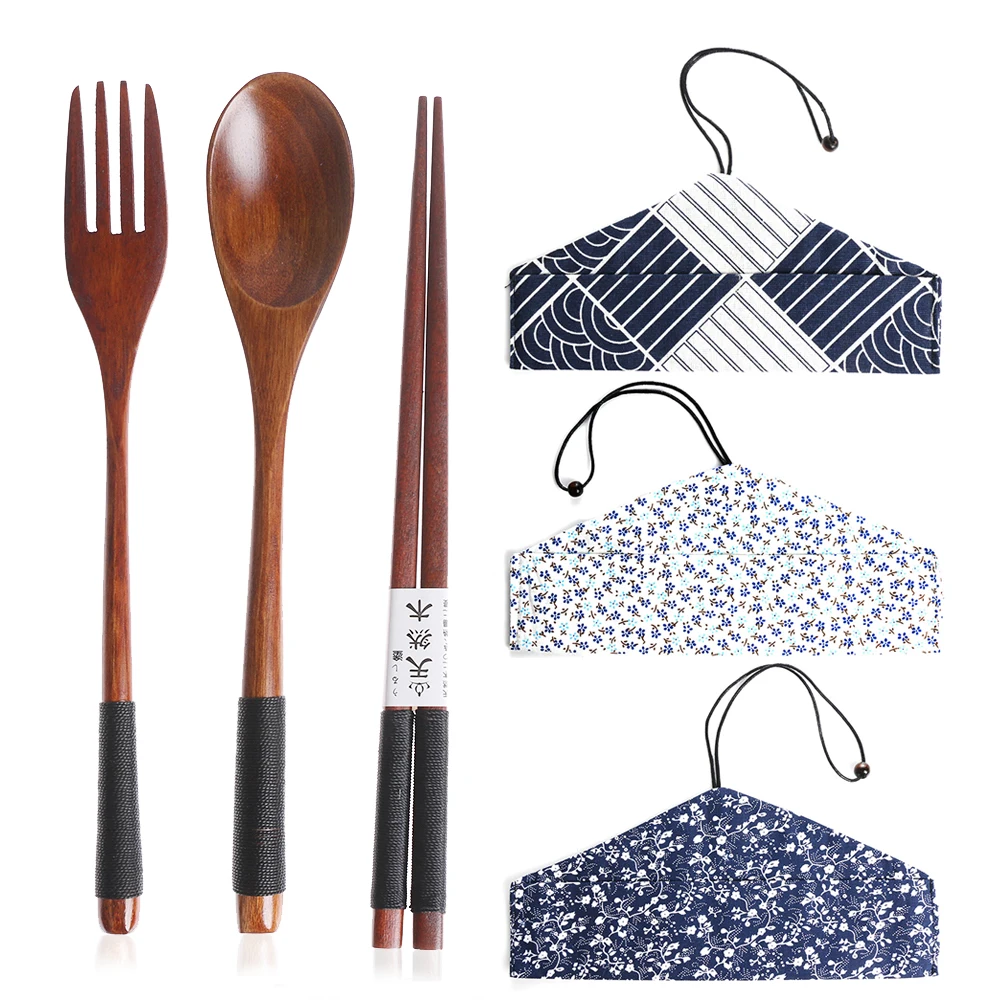 Wooden Cutlery Set Spoon Fork Cutter Reusable Wood Bamboo Flatware With Bag Portable Dinnerware Tableware Student Lunch Supplies picnic cutlery set western style cutlery set camping cutlery set cutlery set wooden cutlery set