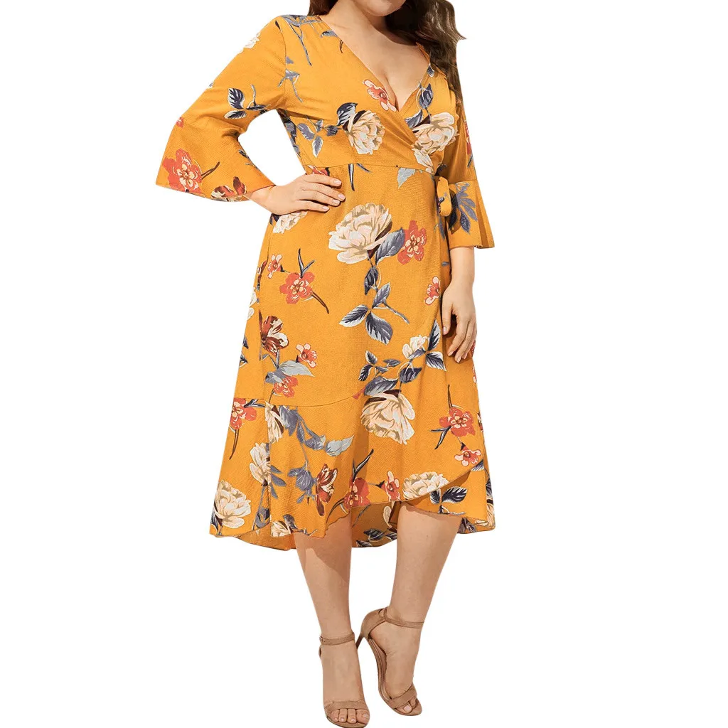 

Plus Size Dress Ruffles Flare Sleeve Maxi Long Dresses For Women Autumn Full Sleeve Deep V Neck High Waist Bandage Vestidos