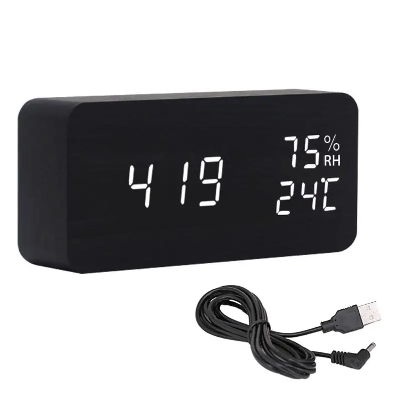 Голосовое управление деревянный USB цифровой будильник с день/дата/Температура Влажность регулировка яркости
