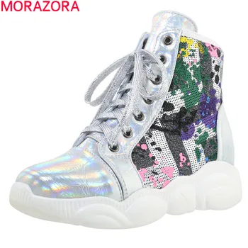 

MORAZORA 2020 New arrival women boots comfortable flat heel square toe snow boots fashion lace up winter ankle boots