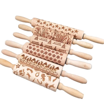 

Christmas Embossing Rolling Pin Baking Cookies Noodle Biscuit Fondant Cake Dough Engraved Roller Snowflake