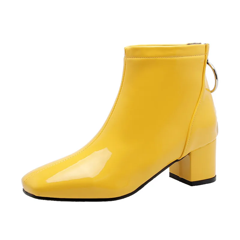 The New Patent Leather Ankle Boots Women winter Autumn Square High Heel Zipper Boots Round Toe Woman Shoes white Red Black Pink