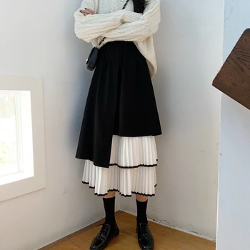 

High Waist A Line Skirts Women Contrast Color Patchwork Pleated Skirt Female 2020 New Korean Fashion Faldas Mujer